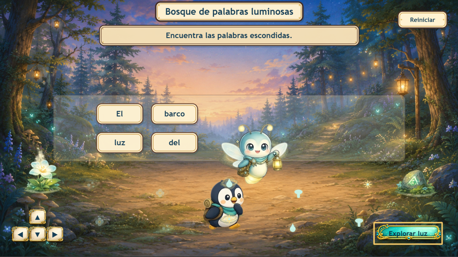 Toki y Lumi buscando pistas en el Bosque de palabras luminosas