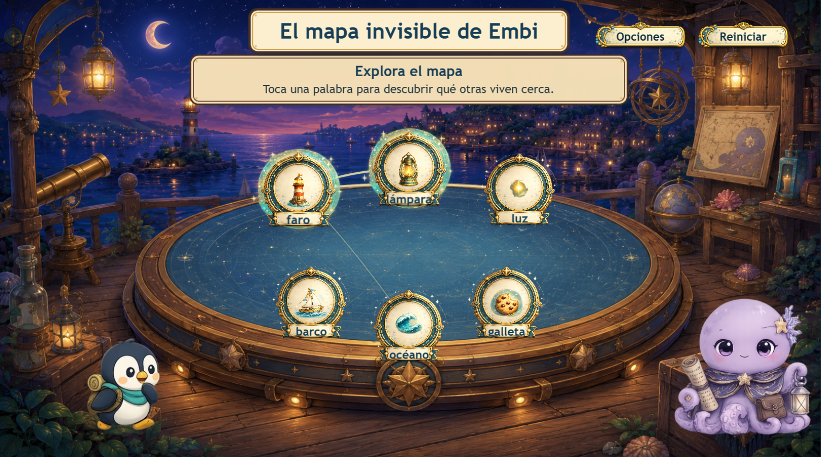 El mapa invisible de Embi relacionando palabras como faro, lámpara y luz