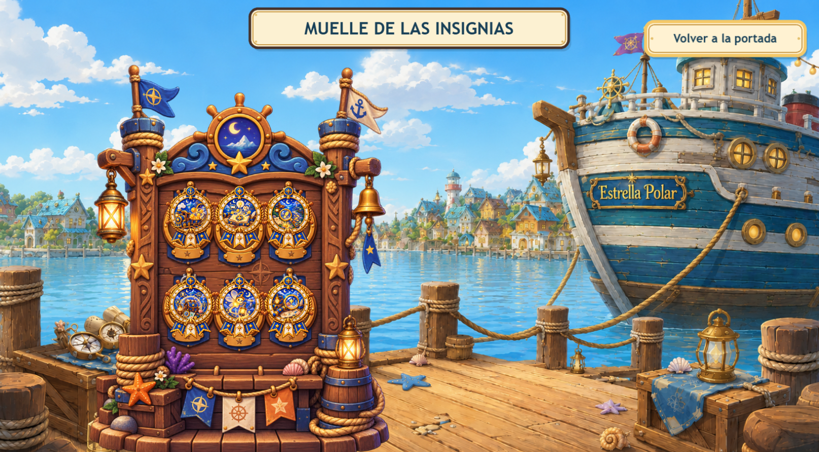 El Muelle de las Insignias con las seis insignias de la aventura